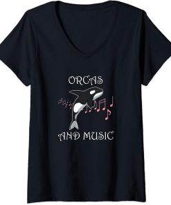 Womens Orcas and Music Notes Cute Sea Animal V-Neck T-Shirt