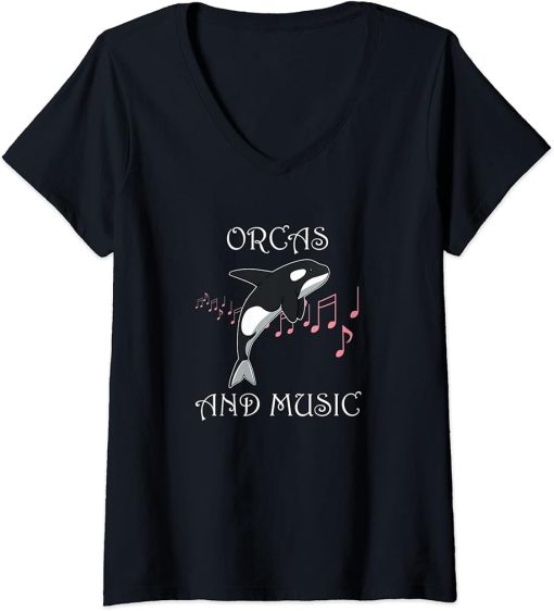 Womens Orcas and Music Notes Cute Sea Animal V-Neck T-Shirt