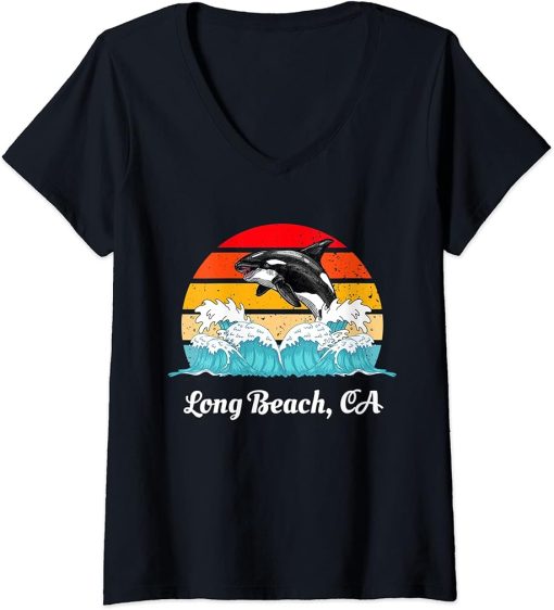 Womens Vintage Long Beach CA Distressed Orca Killer Whale Art V-Neck T-Shirt