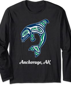 Blue Green Native American Anchorage AK Orca Killer Whale Long Sleeve T-Shirt