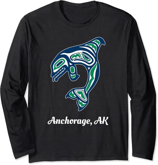 Blue Green Native American Anchorage AK Orca Killer Whale Long Sleeve T-Shirt