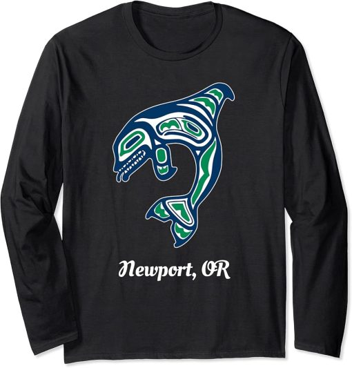 Blue Green Native American Newport OR Orca Killer Whale Long Sleeve T-Shirt